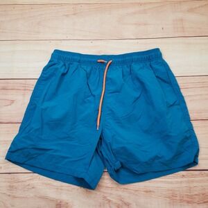Mens Swim Trunks Large Teal Blue Nylon Mesh Lined Orange Drawstring Shorts
